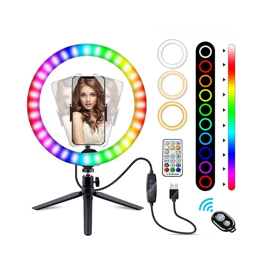 

10Inch Desktop RGB Selfie Ring Light with Tripod Stand and Phone Holder LED Ring Light with Camera Remote Shutter for Videos