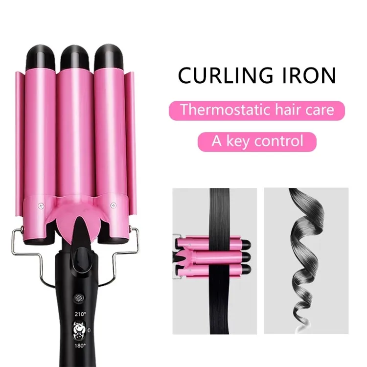 

Triple Curling Iron Crimp Big Wave Hair Waver Styling Tools Curling Wand Curl Machine Corrugation 3 Barrel Curling Iron, Pink