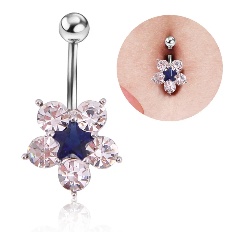 

HOVANCI fashion crystal flower shape belly button ring dangle navel adorn the body jewelry belly button ring, White,blue,pink