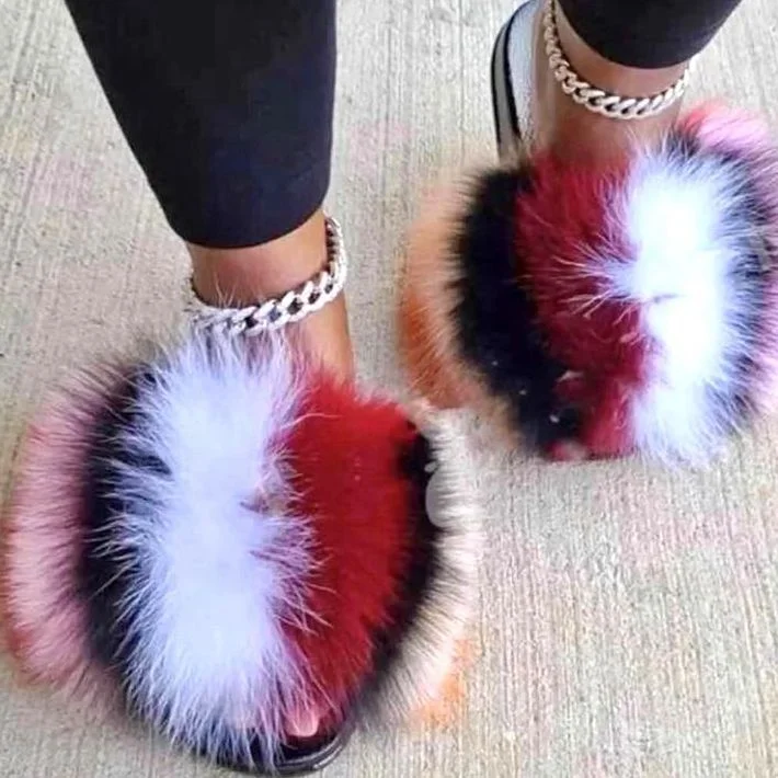 

Fluffy luxury indoor fur slippers fur slides for women, All colors can be customized