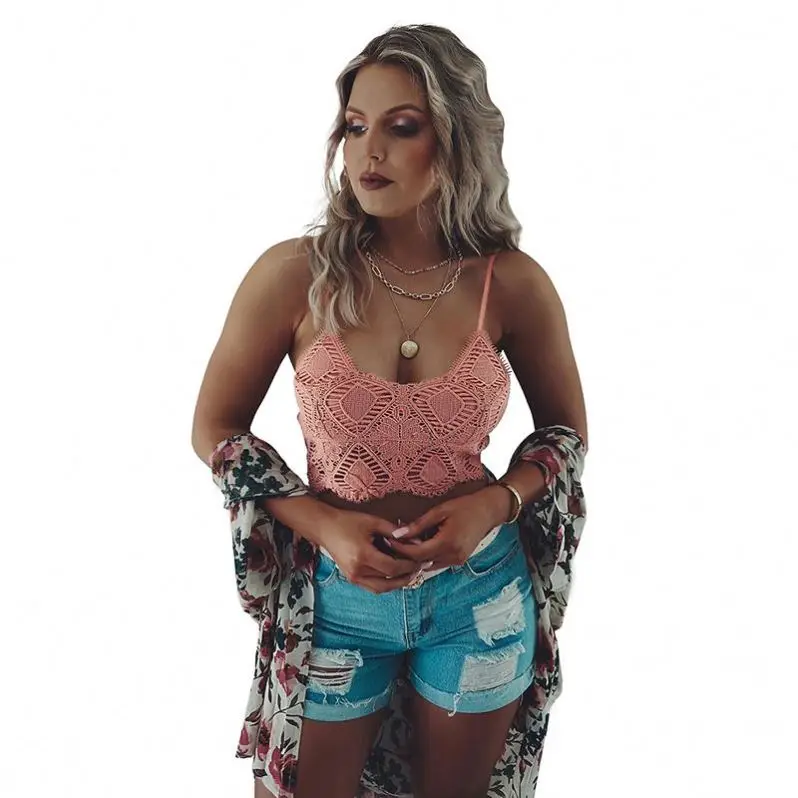 

Wholesale New Fashion Summer Pink Patterned Lace Bralette Women's Crop Tops, Customized floral lace bralette