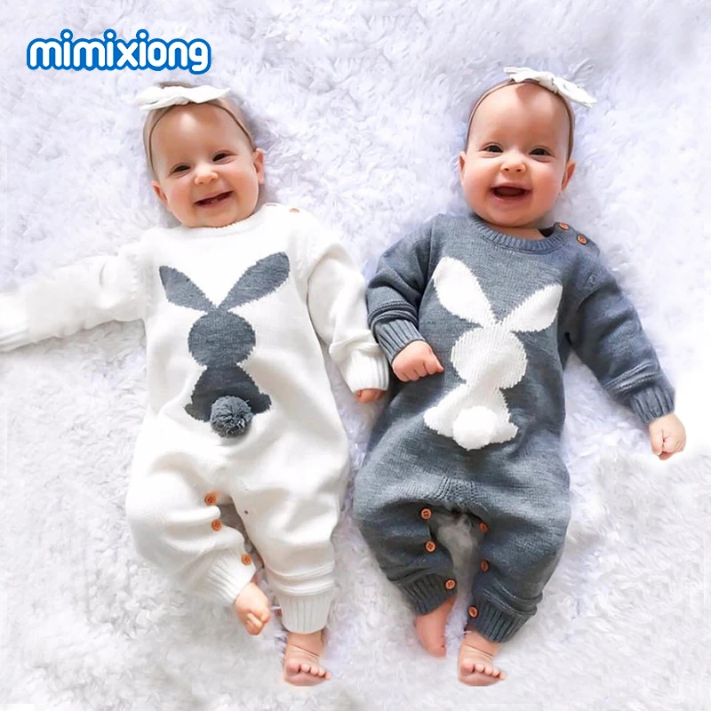 

New Arrivals Fall Winter Plain Color Baby Girls' Boys'Clothes Newborn Long Sleeve Rompers with Cute Rabbit Pattern