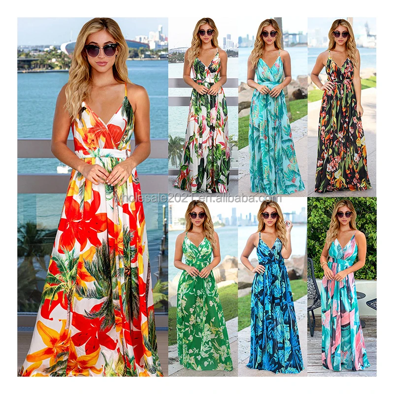 

2021 Spring Summer New Casual Flower Fashion Dresses Bohemian boho Floral Conformal Suspender Dress Womens Plus Size Long Skirt