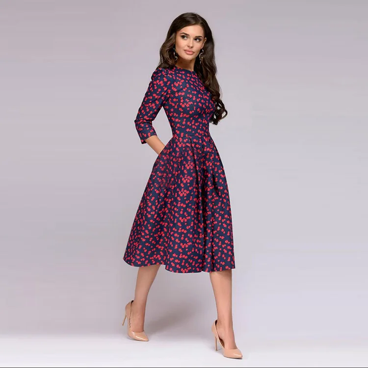 Women Elegent A-line Dress 2021 Vintage printing party vestidos Three Quarter Sleeve women Spring Dress(No Pockets) N0080