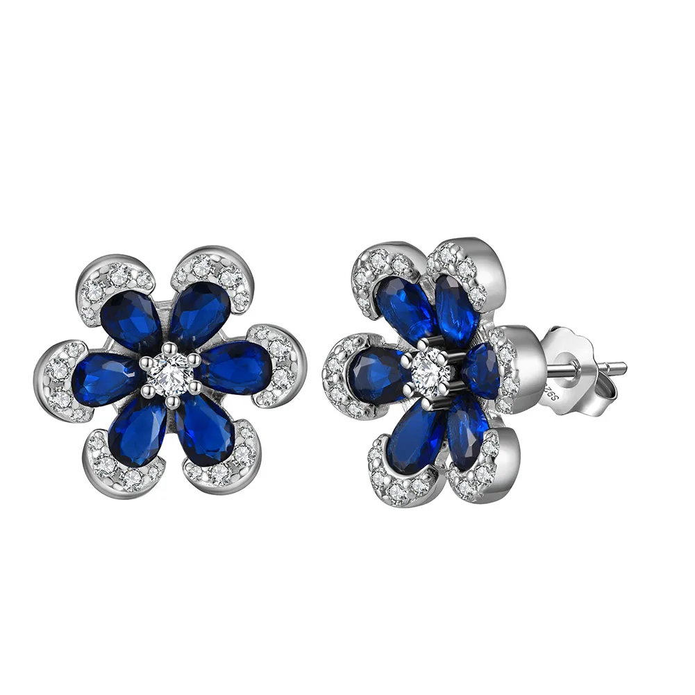 LZE21 RINNTIN Hypoallergenic Solid 925 Sterling Silver Created Sapphire Flower Stud Earrings for Women