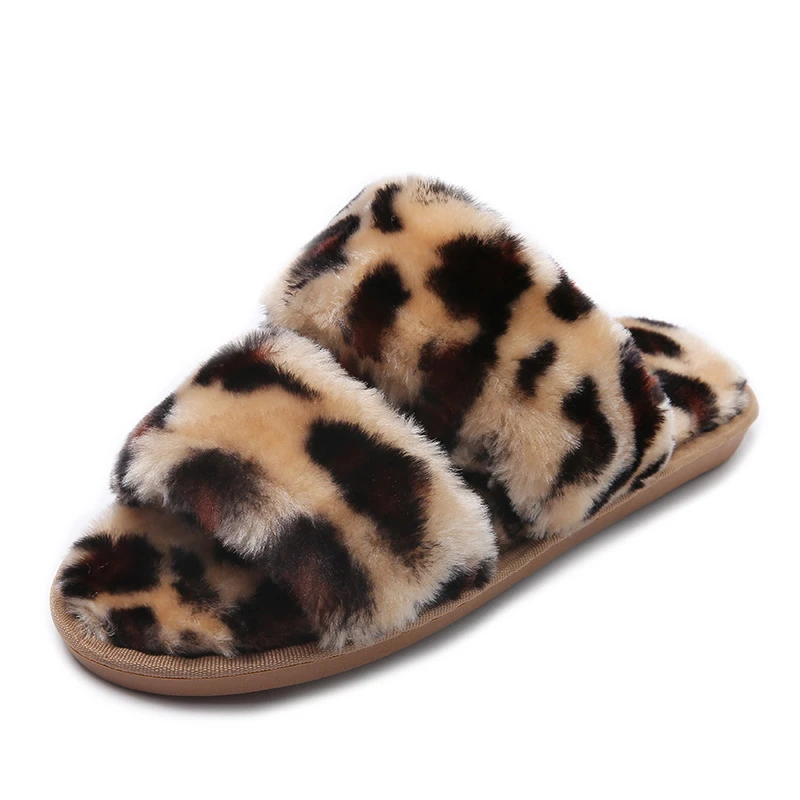 

Factory Wholesale Cheap Price High Quality Double Bands Furry Slippers for Ladies Popular Leopard Slipper Women's Fashion Slide