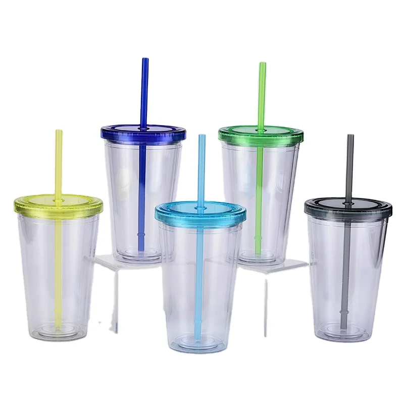 

16oz 450ml Plastic clear simple design double wall Straw Straight water cup with Multicolor lid accept custom, Customized color acceptable