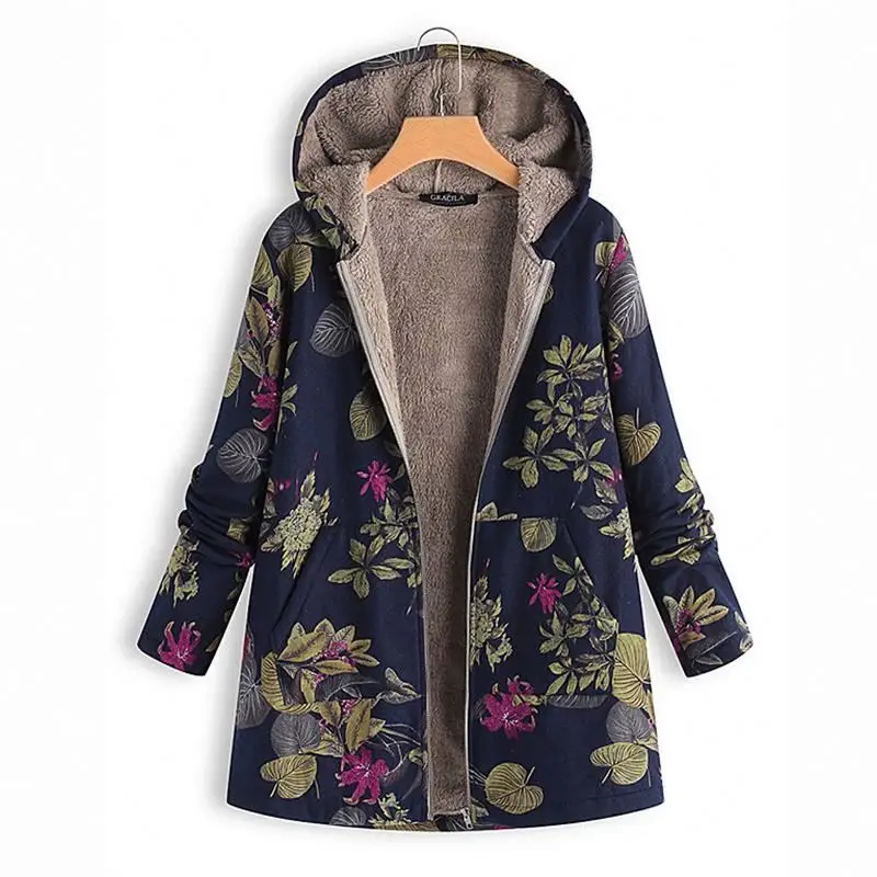 

New Fashion Women Autumn Winter Cotton Linen Flower Printing Zipper Casual Warm Tops Fleece Plush Thicken Coat Jacket