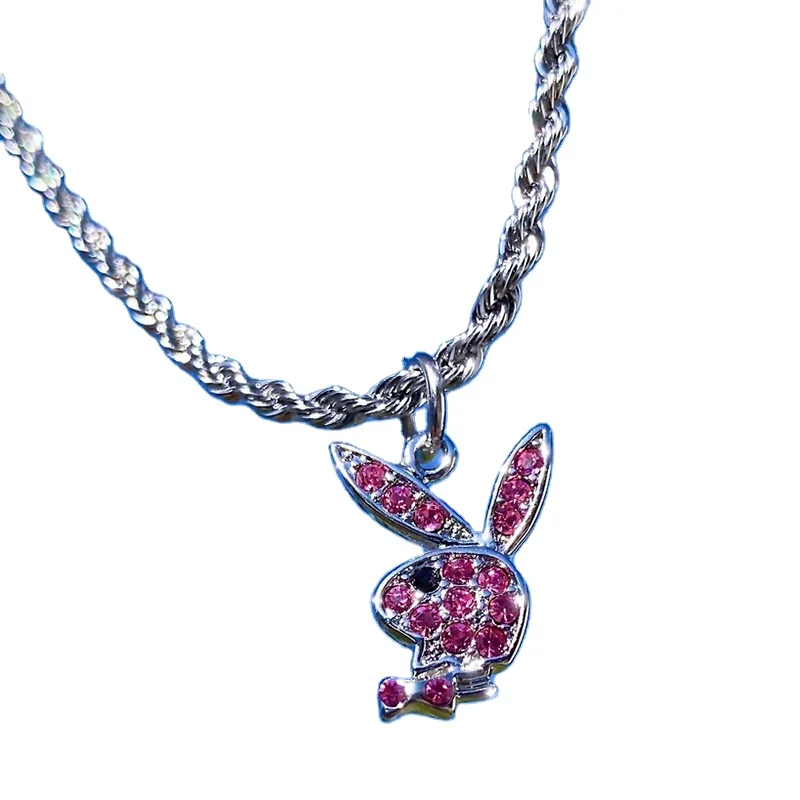 

Fashion Punk Hip Hop Rock Accessories Twist Chain Full Rhinestone Zircon Animal Rabbit Pendant Charm Initial Necklace Unisex, Like picture