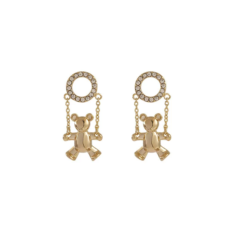 

Cute Shiny Crystal Rhinestone Gold Plated Bear Pendant Earrings Gold Crystal Bear Stud Earrings For Girl