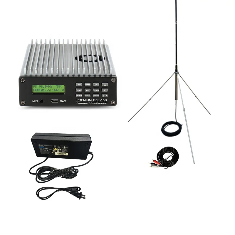 

CZE-15B 15W stereo PLL FM transmitter broadcast radio station + GP2 outdoor antenna + Power supply + MIC Kit