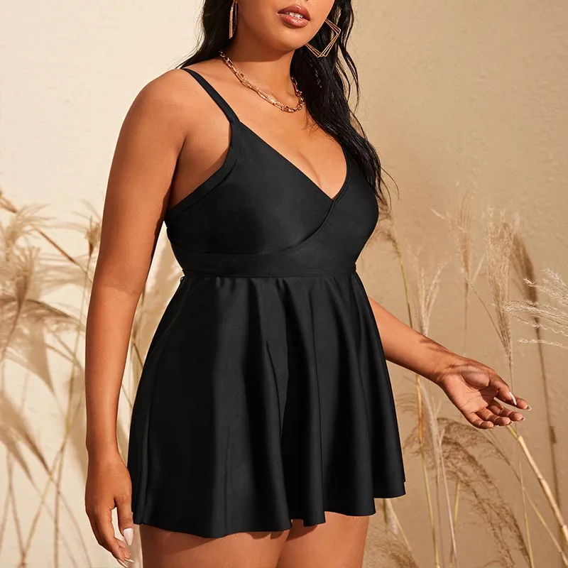 

Manufacturer Custom Wholesale Plus Size Black Swim Dress One Piece Skirt Bikini Beach wear V Neck Swimsuit Women Swimwear
