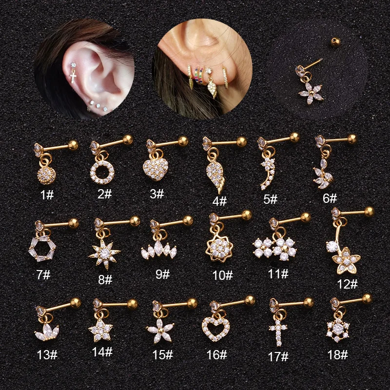 

HOVANCI 18k gold plated body jewelry star sun flower helix ear piercing earrings studs lady screw earrings jewelry, Silver,gold