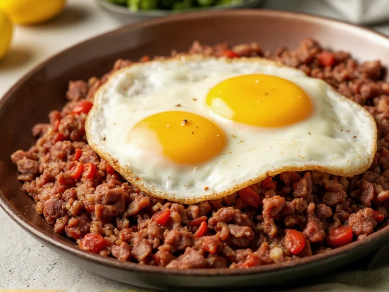 Corned beef hash with sunny-side-up eggs