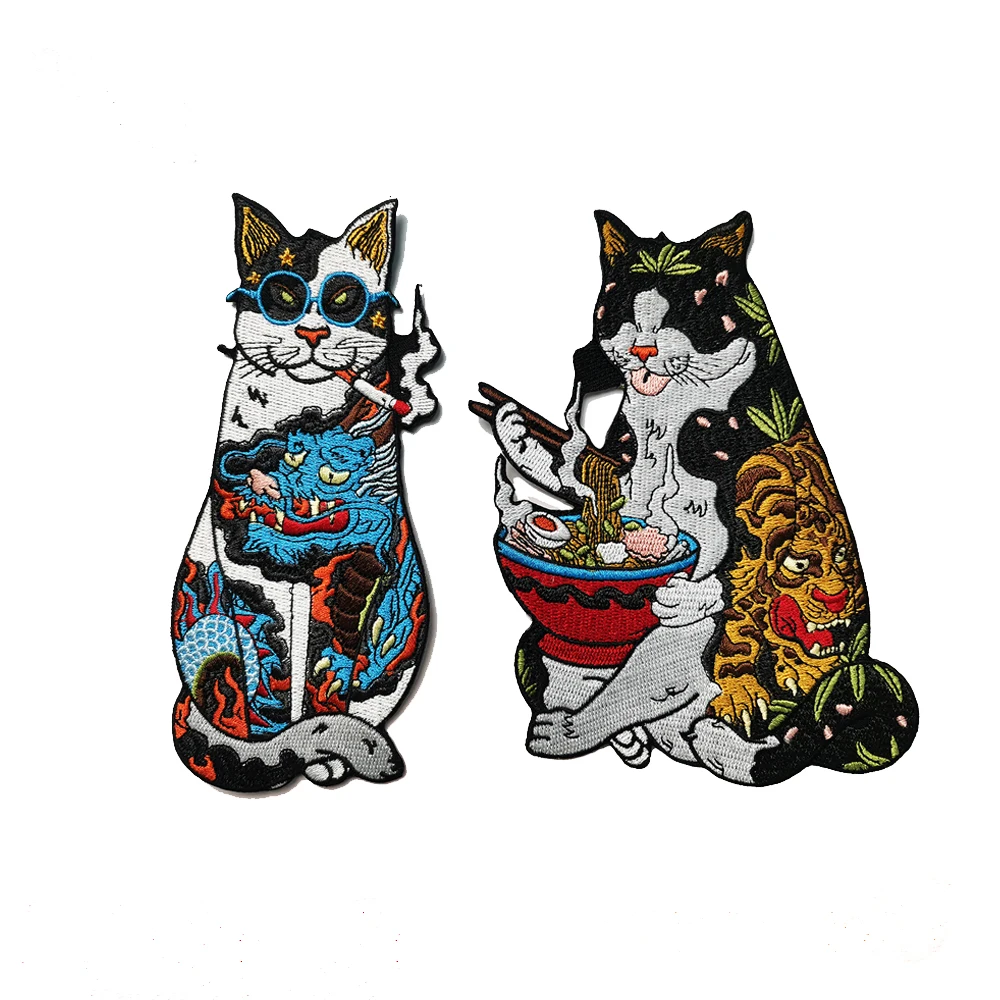 

Factory sale Full Set Japanese Noodles Cool Cartoon Cat Embroidery Patches Iron on