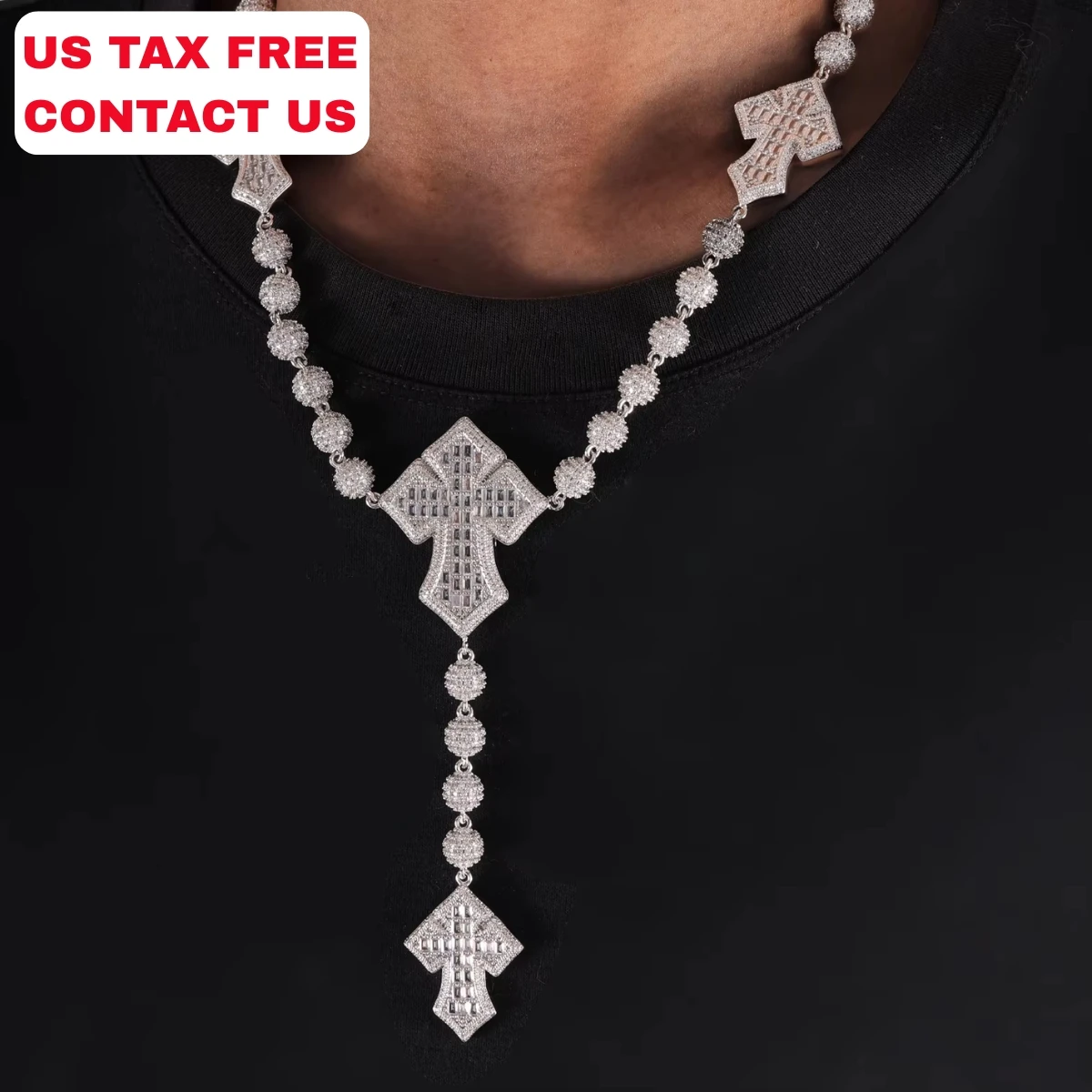New Arrival Full Iced Out CZ Bead Baguette CZ Cross Link Chain Ball Chain Necklace Fashion Bling Hiphop Necklace Jewelry