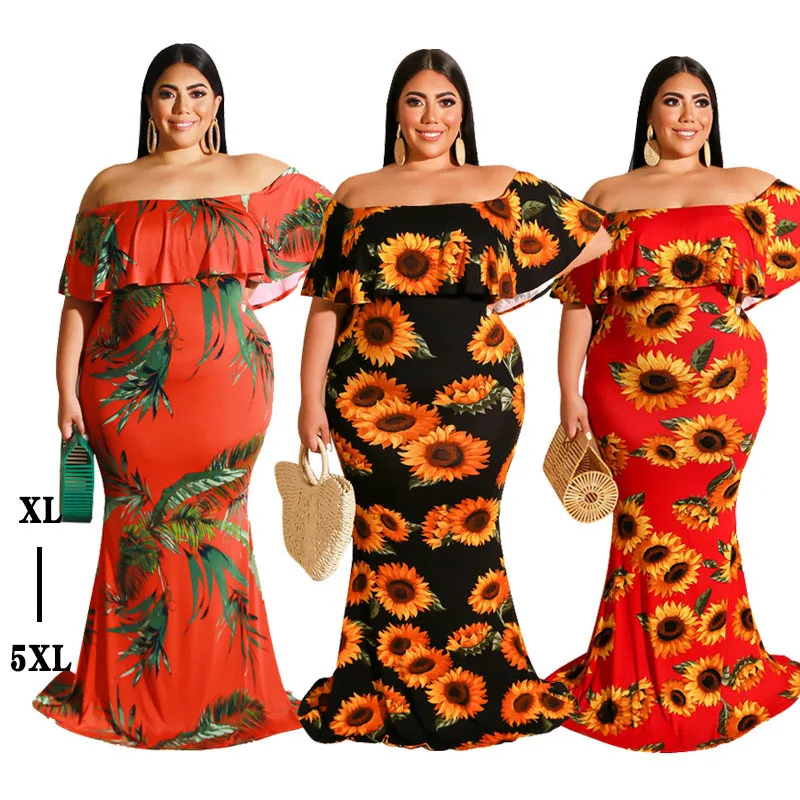 

Summer Sexy Off Shoulder Ruffled Digital Printing Bodycon Maxi Dress Casual Women Plus Size 4XL 5XL, Black.red,orange
