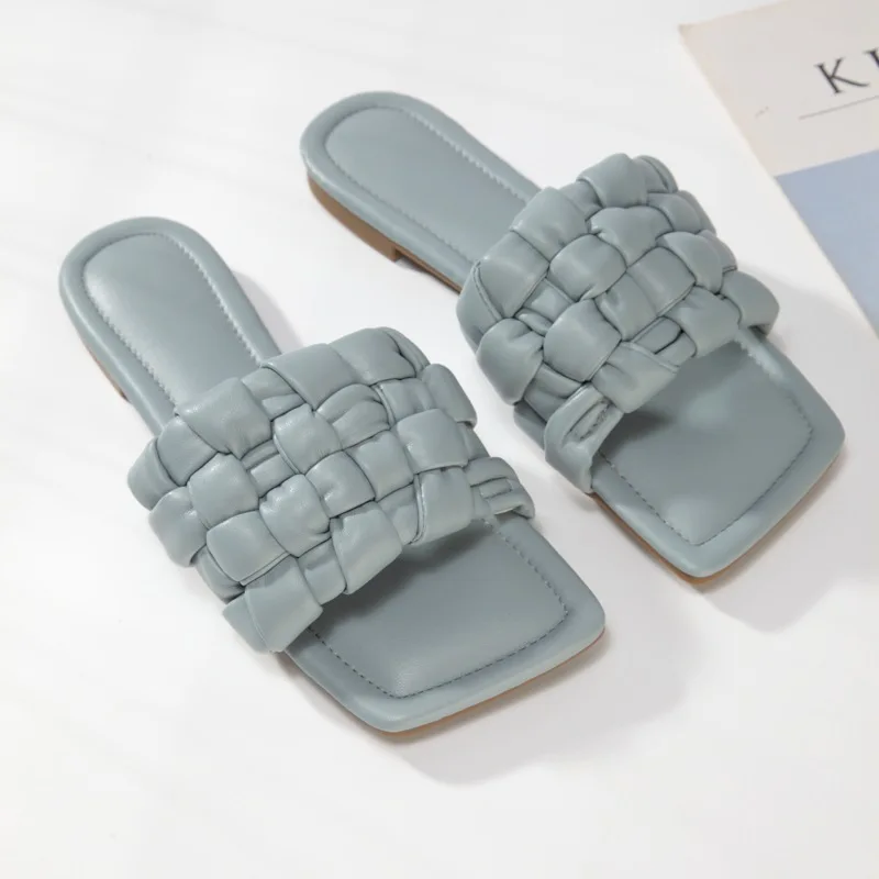 

2021 Ladies Summer Shoes Square Head Braided Strap Sandals Over-foot Open Toe Beach Slides Female Women Sandals And Slippers, Picture