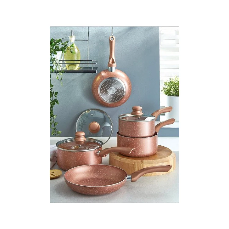 

5 Pieces Marble-Effect die cast aluminum non-stick rose pink gold cookware sets nonstick round fry pans and stockpot set