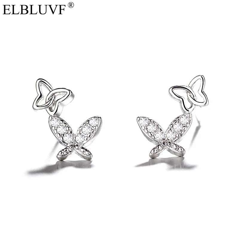 

ELBLUVF Free Shipping Silver Color Copper Zircon Platinum Plated Women Jewelry Korea Design Double Butterfly Earrings, White gold