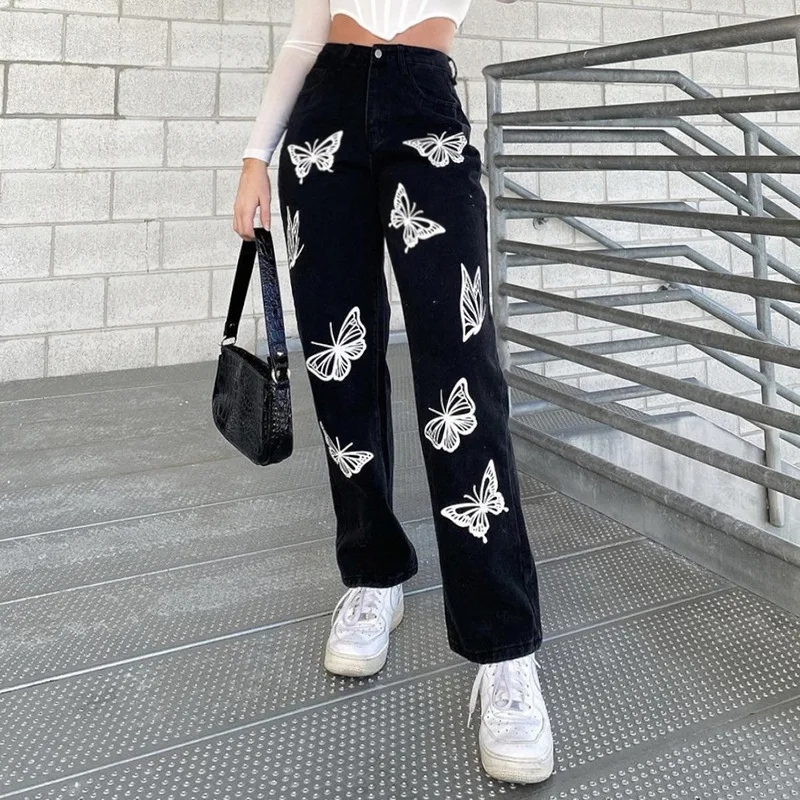 

2021 new arrivals women clothing butterfly printed highwaist stylish fashion mujer ladies black high waisted denim jeans women, As picture