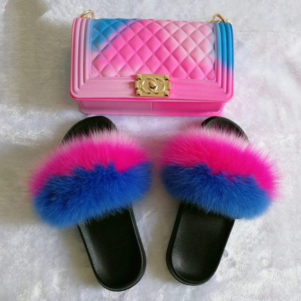 

SD-084 2020 fashion beautiful colorful fur strap slipper sandals with tie dye print jelly shoulder bags set for women, Picture show , squine colors