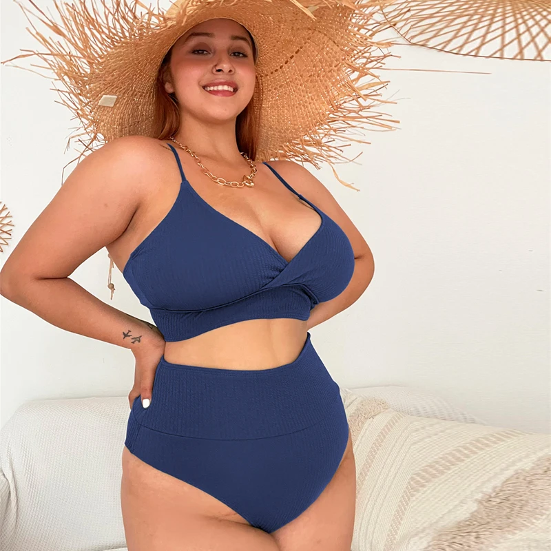 

High-waist plus-size ribbed fabric swimwear big size swimsuits bathing suits for women, Customized colors