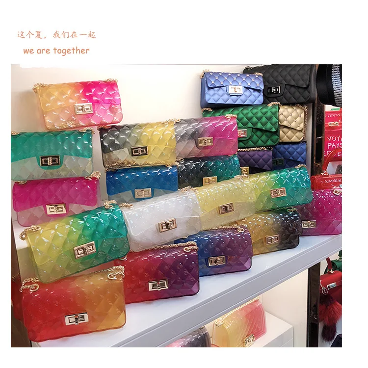 

Summer Gradient Color Jelly Hot Sale Plaid Chain Small Shoulder Cross Body PVC Tote Bag Candy Handbag