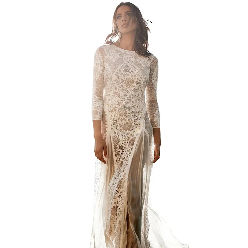 

Elegant Long Sleeve Floral Lace Wedding Party Dress