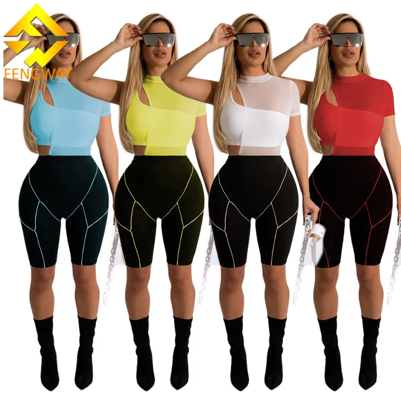 

Fengway 2022 Summer Fashion Women Patchwork Two Piece Shorts Set Irregular Mesh Top And Biker Shorts Set