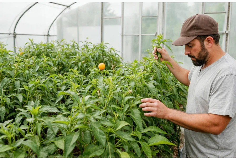Home gardener examining pepper plants in a greenhouse setting with proper growing conditions