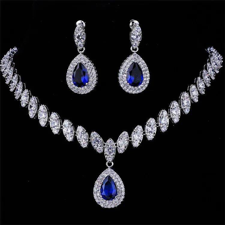 

korean Zircon Luxury Wedding Party Dress Jewellery Big Dangle Bridal Selver Necklace With Earrings Sets Women, Silver