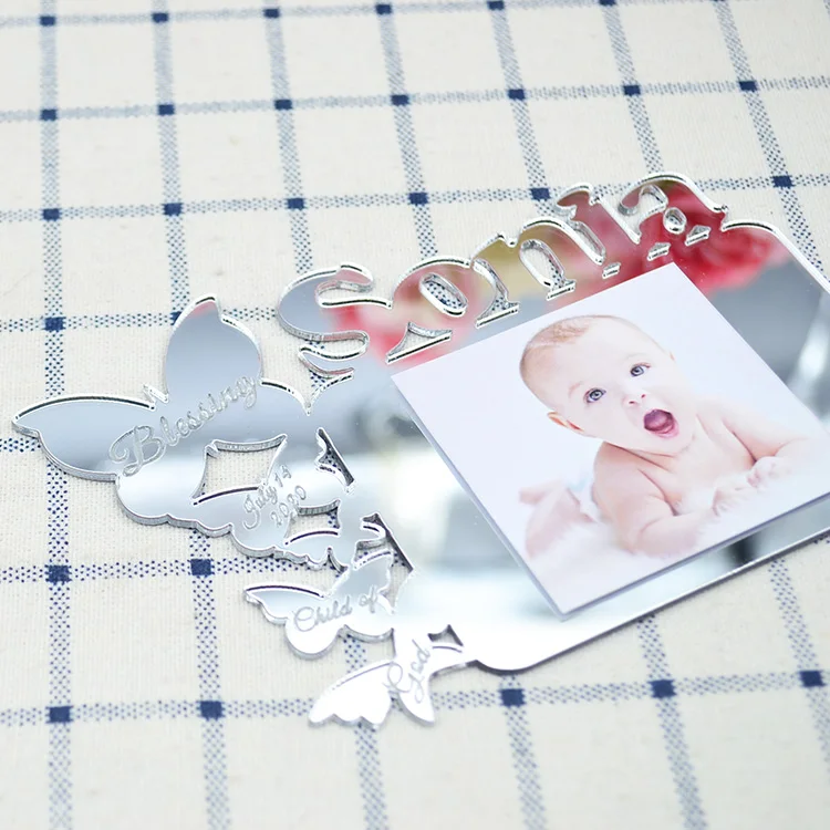 Free customized mirror acrylic laser cut baby photo f<em></em>rame for newborn birthday baby shower guest souvenirs