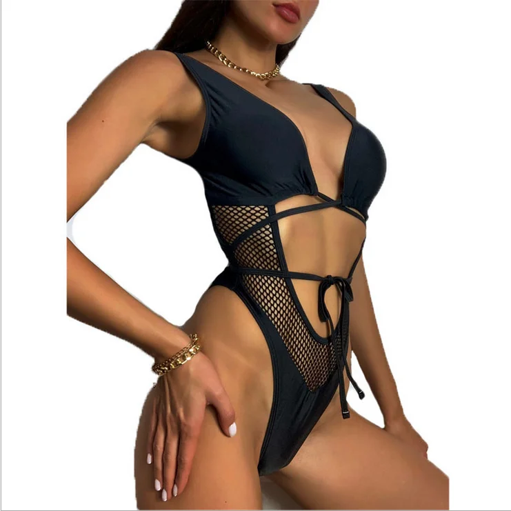 

black deep v neck hollow out sexy swimwear & beachwear one piece fitness swimwear(old) 2021