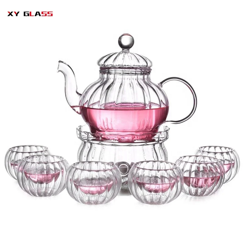 

transparent striated heat resistant cooking glass flower tea pot
