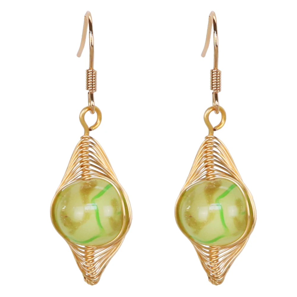 

Wire Wrapped Round Rainbow Green Bead Dangle Earrings Handmade, Colors
