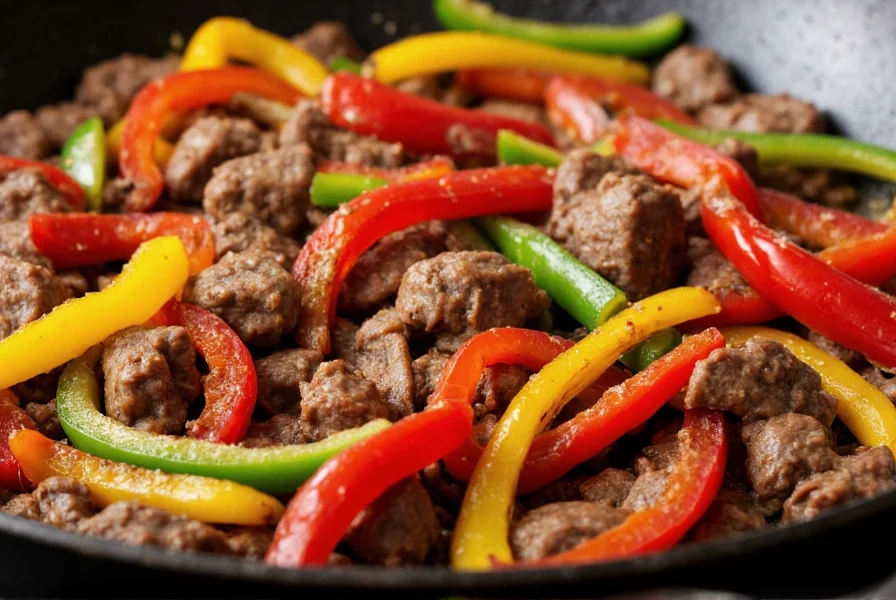 Close-up of sizzling pepper steak in wok with colorful bell peppers and tender beef strips