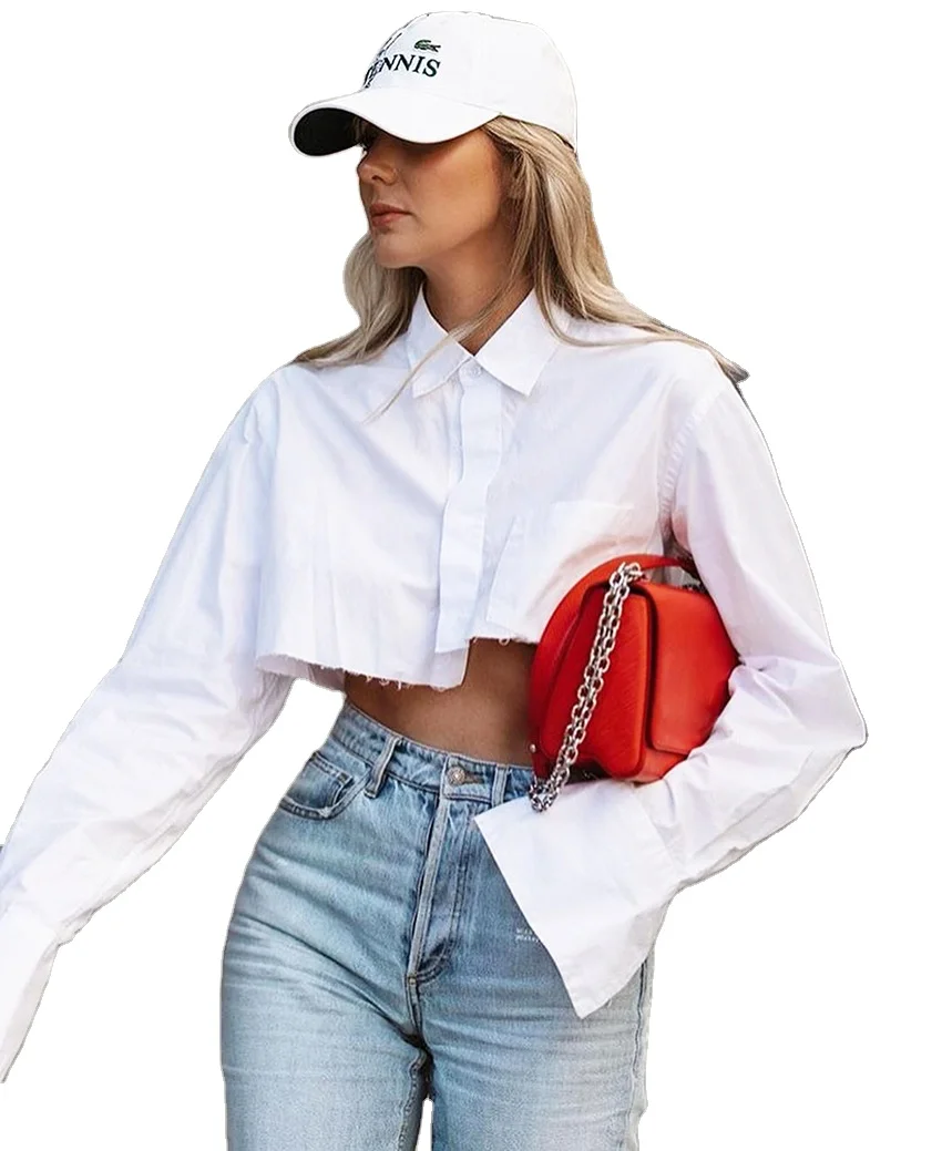 

Hot Sale Fashion Simple Solid Color Lapel Single-breasted Casual Shirt Women Long Sleeves Turn Down Collar Short Shirt, As shown
