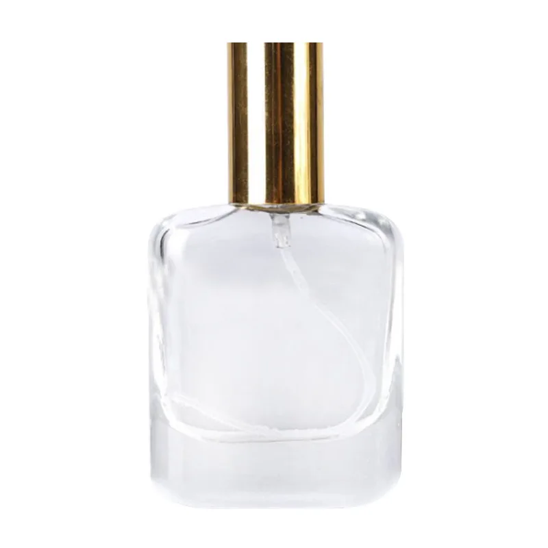 

Simple Style Empty 30ml Flat Square Perfume Glass Spray Bottles with Gold Black or Silver Lids