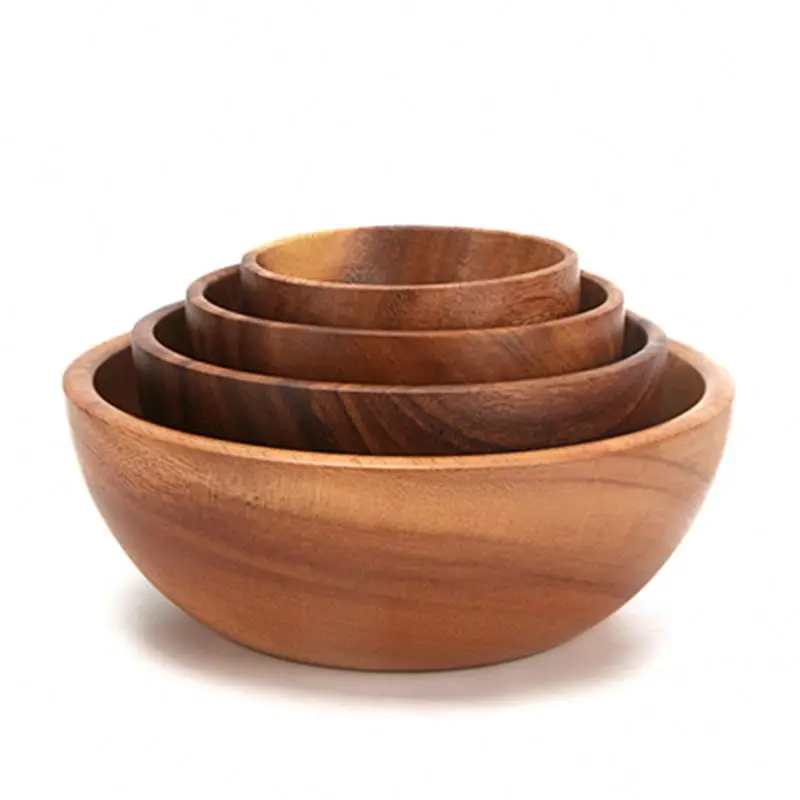 

Custom Logo High Quality Hand Made Solid Wood Kitchen Utensils Soup Rice Tableware Acacia Salad Wooden Bowl