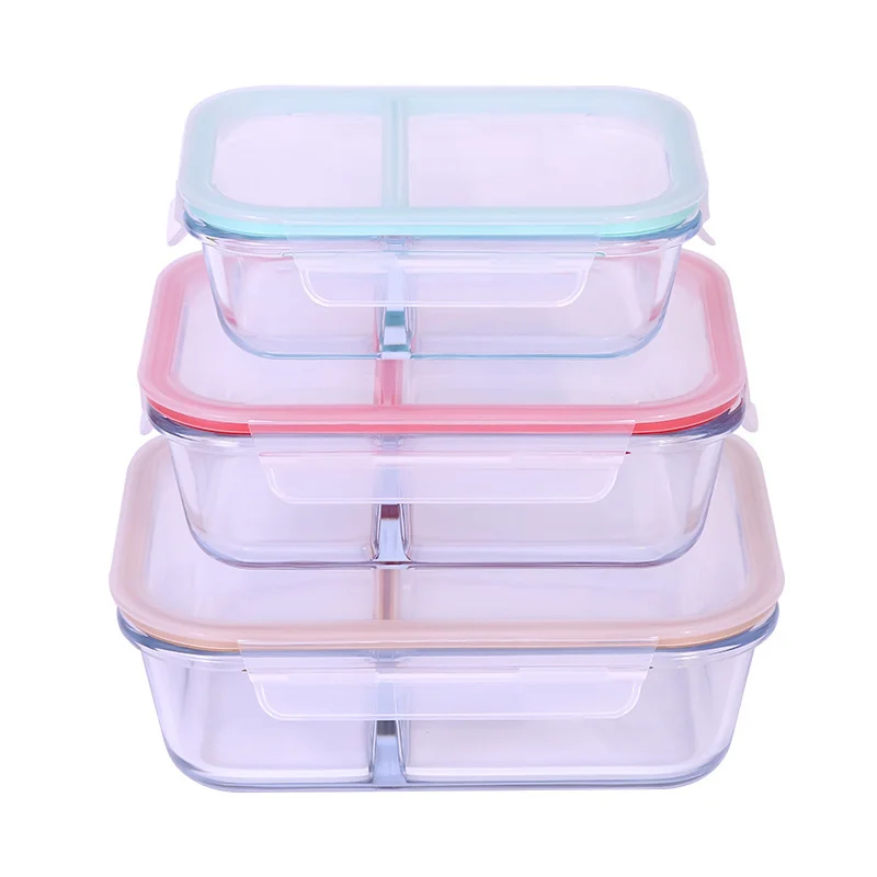 

heat resisitant Glass 2 Compartments bento lunch boxes with airtight clip silica gel lid, Any color is available