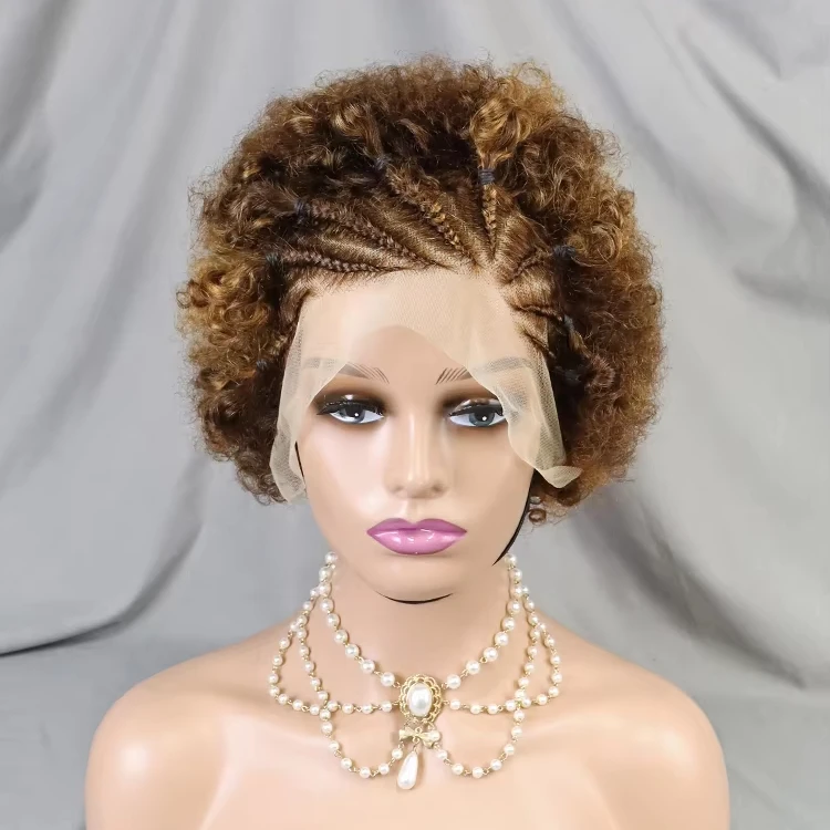 New Arrival Braids Afro Curls Pixie Cut Frontal Human Hair Wig Color 4/30 Afro Curly 13x4 Full Frontal Lace Wigs