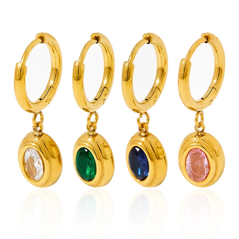 

New emerald zircon ear buckle women stainless steel PVD gold-plated earrings oval temperament pendant earrings