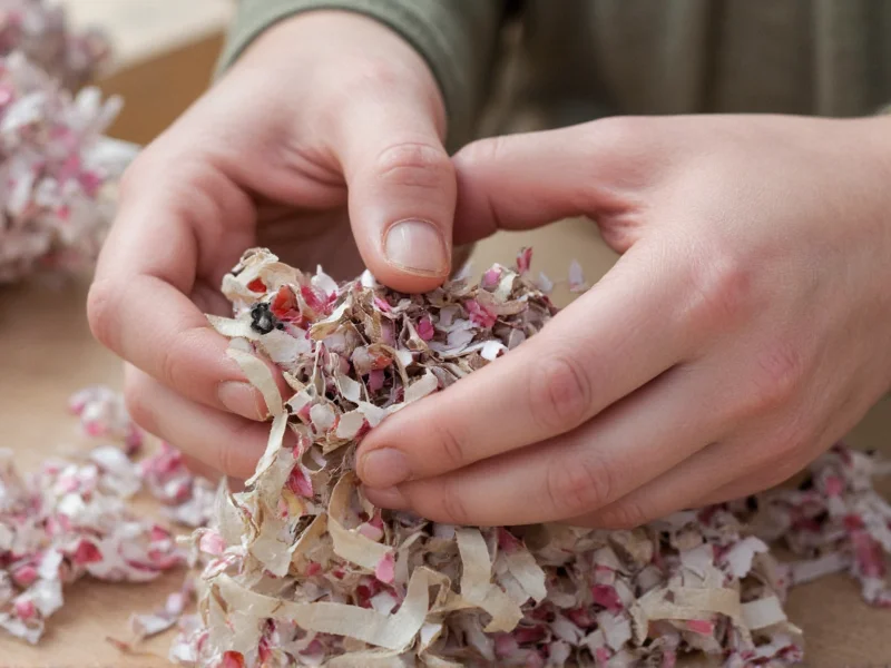 Close-up of hands folding intricate paper sculpture with recycled materials