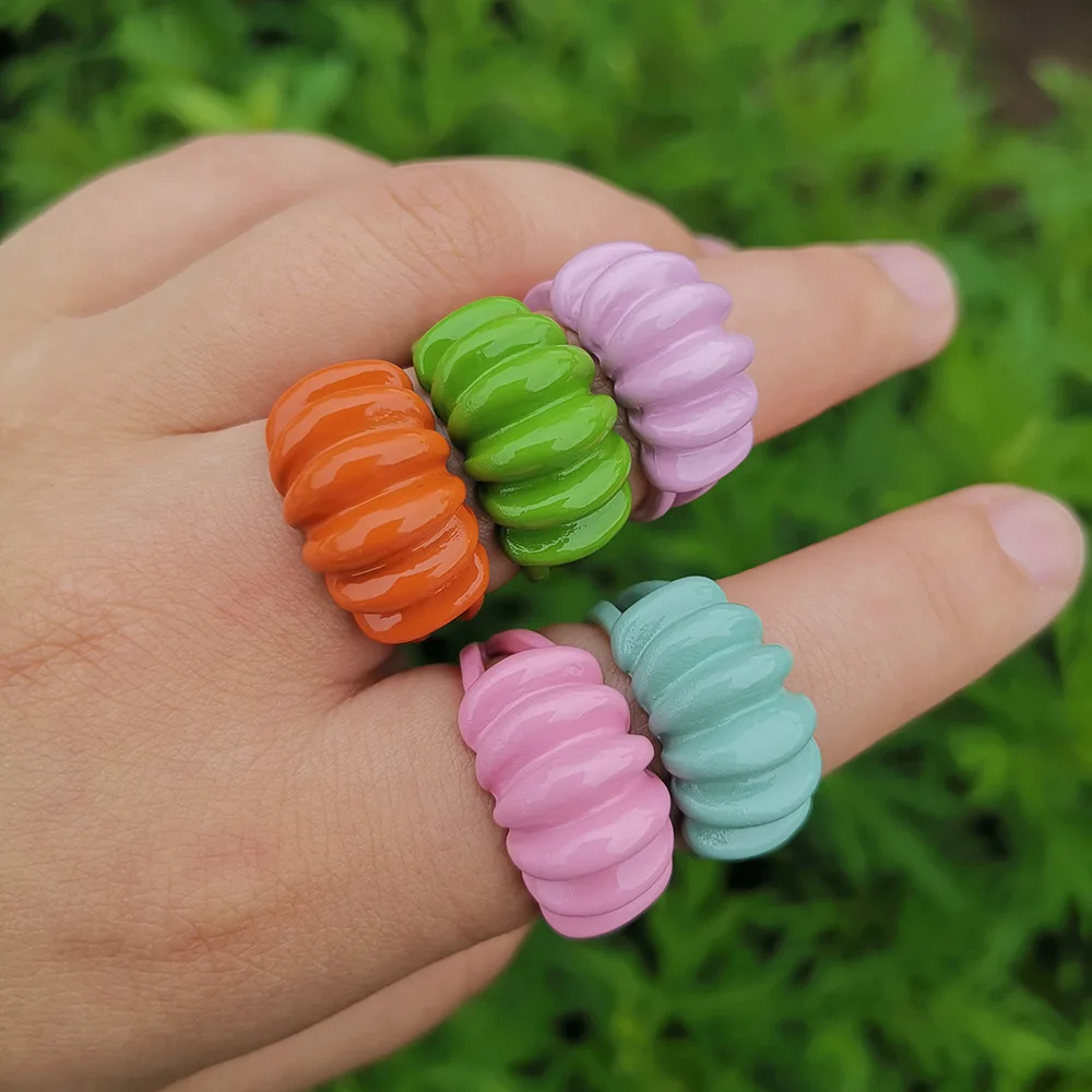 

Summer Candy Color Enamel Croissant Rings Adjustable Geometric Wide Crew Thread Bread Open Rings