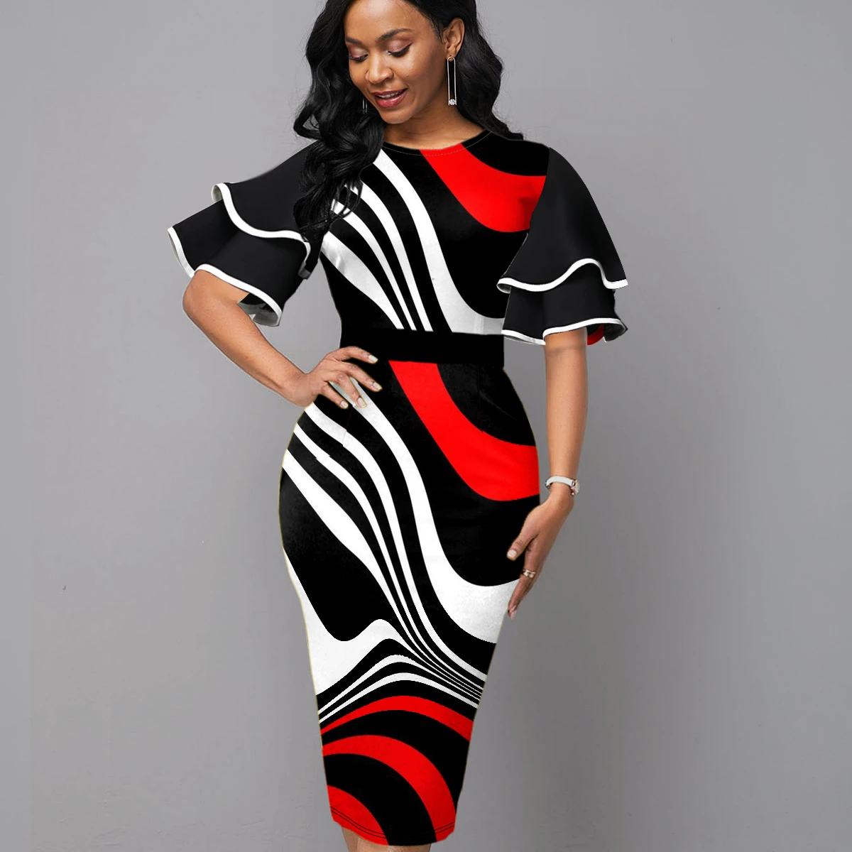 

Ruffle Sleeve Contrast Stripe Print Sheath Dress