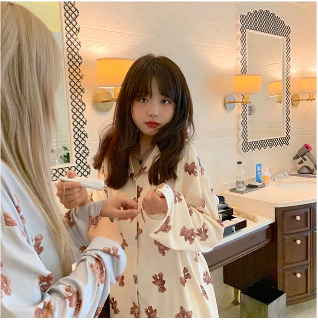 

Hot sale factory price apricot brown bear cartoon print women's pajamas long sleeve spring and autumn Korean suit home service