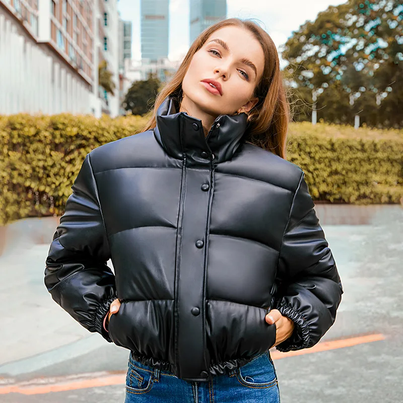 

women leather jacket Winter Thick Warm Short Parkas Pu Leather Coats Woman Elegant Zipper Cotton Jackets Leather Puffer Jacket