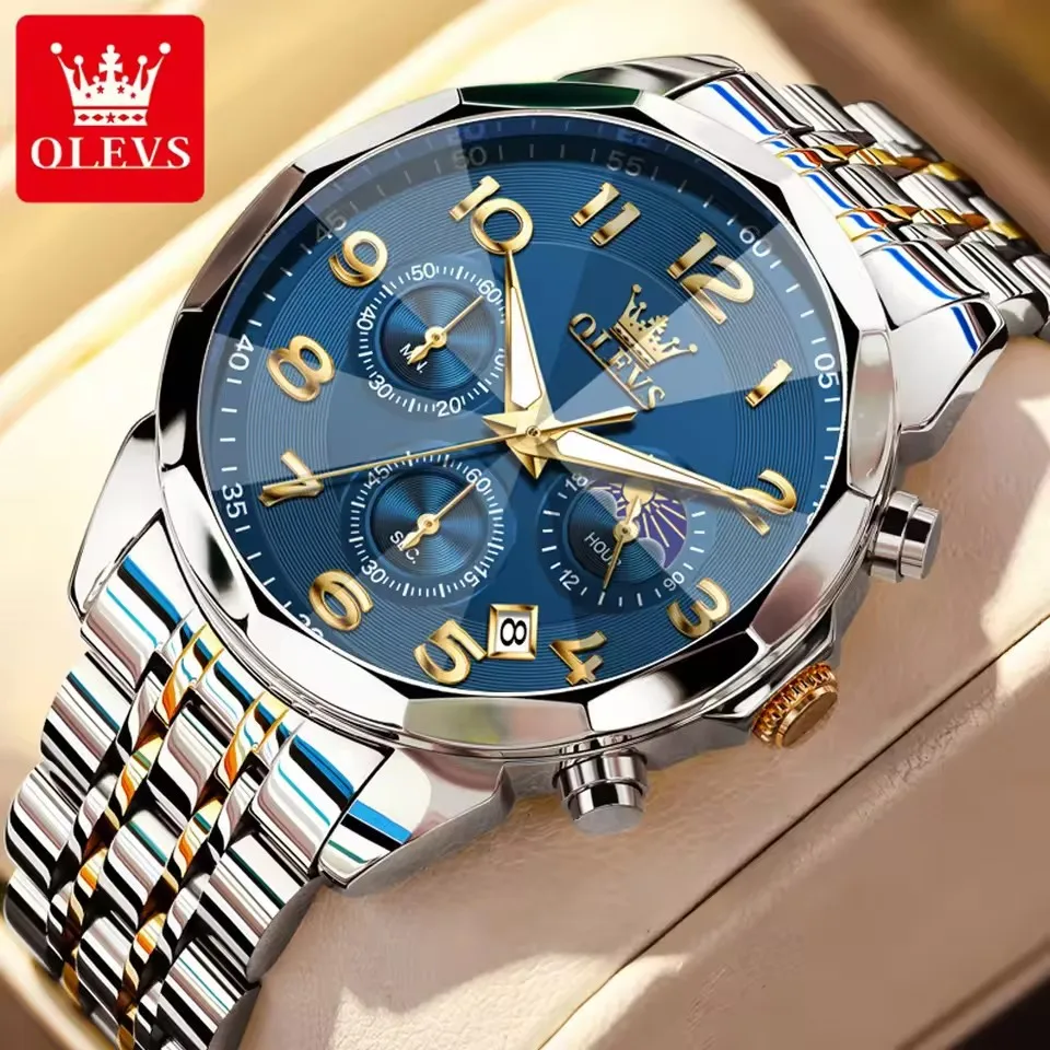 OLEVS 3676 Mens Multifunction Chronograph Quartz Watches Stainless Steel Waterproof Luminous Big Dial 24 Hour Date Watch for Men
