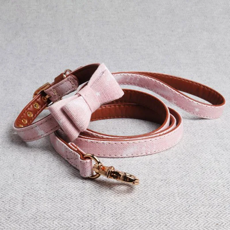 

Chinber Heavy Duty Pink Jean Leather Dog Bowtie Collar With Leash Sets, Blue, pink, black